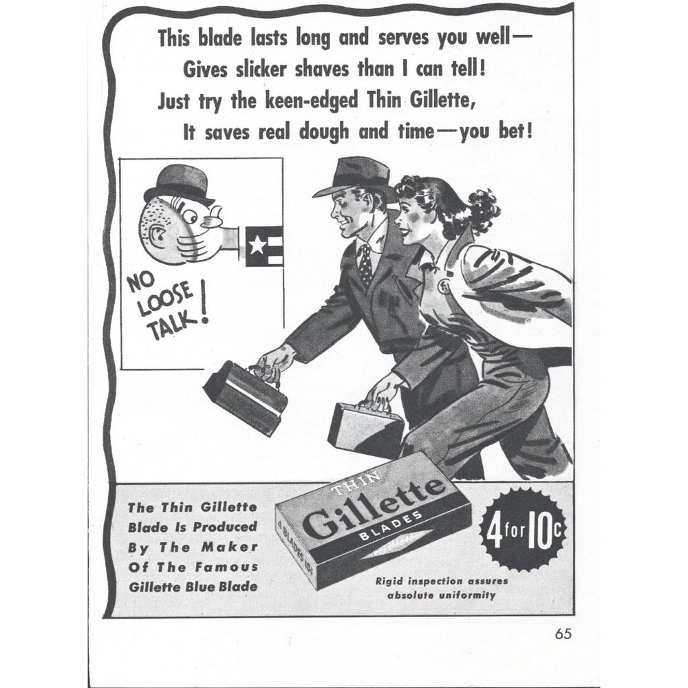 1944 Gillette Thin Safety Razor Blades Vintage Print Ad WW2 War Effort Wall Art
